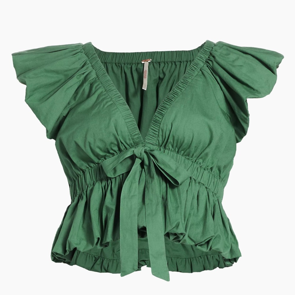 Free People- Bring The Bubble Ruffle Cotton Tie-Waist Blouse - Size Medium
$36